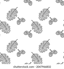 Seamless pattern with oak leaves and acorns. Oak leaves with a beautiful ornament. Vector isolated background with the contours of fallen leaves. Texture for textiles or wrapping paper.Autumn pattern.