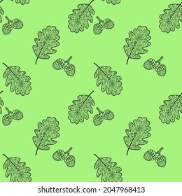 Patrón sin soldadura con hojas de roble y bellotas. Hojas de roble con un hermoso adorno. Vector aislado de fondo con los contornos de las hojas caídas. Textura para textiles o papel de embalaje.Patrón otoño.