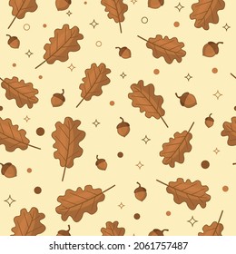 Seamless pattern of oak leaves and acorns. Calm beige-brown colors. Vector autumn illustration for postcards, background, packaging, desktop.