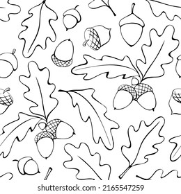 Patrón sin soldadura con hojas de roble, bellotas. Textura de otoño vectorial aislada, dibujada a mano en estilo doodle, contorno negro. Concepto de bosque, caída de hojas, naturaleza, acción de gracias