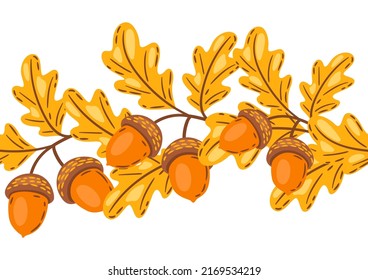 Patrón sin foco de hojas de roble con bellotas. Imagen de la planta de otoño.