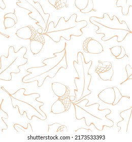 Seamless pattern with oak leaves, acorns. Vector autumn texture isolated, hand drawn in doodle style, light brown outline. Concept of forest, leaf fall, nature, thanksgiving