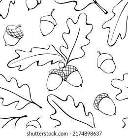 Seamless pattern with oak leaves, acorns. Vector autumn texture isolated, hand drawn in doodle style, black outline. Concept of forest, leaf fall, nature, thanksgiving