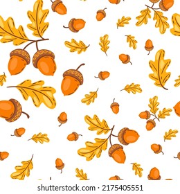 Seamless pattern of oak leaves with acorns. Image of autumn plant.