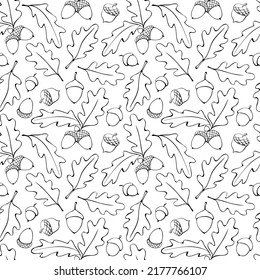 Seamless pattern with oak leaves, acorns. Vector autumn texture isolated, hand drawn in doodle style, black outline. Concept of forest, leaf fall, nature, thanksgiving