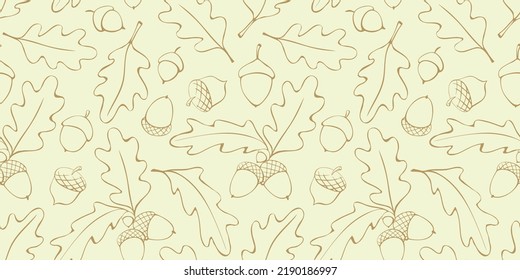 Seamless pattern with oak leaves, acorns. Vector autumn light texture isolated, hand drawn in doodle style, brown outline. Concept of forest, leaf fall, nature, thanksgiving