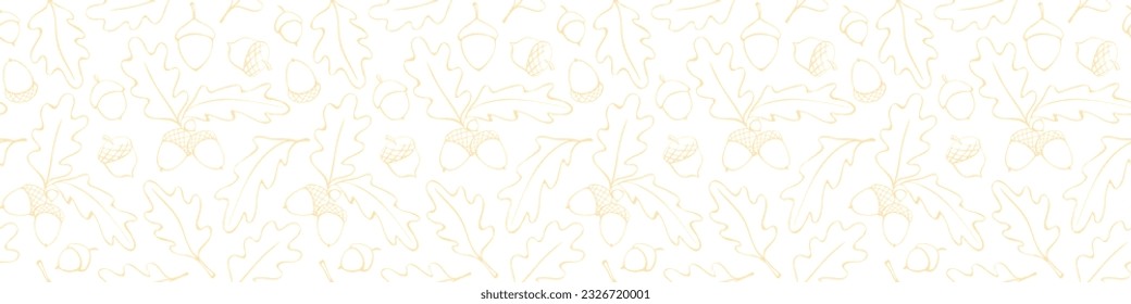 Seamless pattern with oak leaves, acorns. Vector autumn texture isolated, hand drawn in doodle style, light brown outline. Concept of forest, leaf fall, nature, thanksgiving