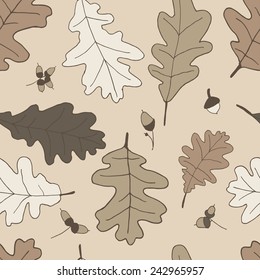 Seamless pattern of oak leaves and acorns in brown tones