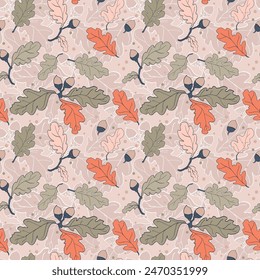 Seamless pattern with oak leaves and acorns, vector illustration