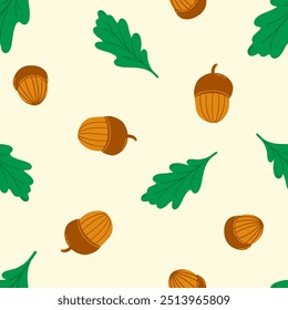 Seamless pattern with oak leaves and acorns. Autumn, fall season wallpaper, background in autumnal, warm, cozy colours. Fabric, paper design.