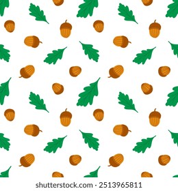 Seamless pattern with oak leaves and acorns. Autumn, fall season wallpaper, background in autumnal, warm, cozy colours. Fabric, paper design.