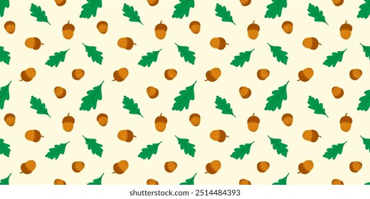 Seamless pattern with oak leaves and acorns. Autumn, fall season wallpaper, background in autumnal, warm, cozy colours. Fabric, paper design.