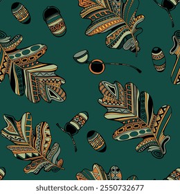 Seamless pattern with oak leaves and acorns. Vector illustration.