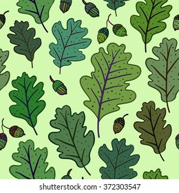 Seamless pattern with oak leaves and acorns. Can be used for wallpaper, pattern fills, greeting cards, webpage backgrounds, wrapping paper or fabric. Vector illustration. EPS 10.