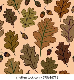 Seamless pattern with oak leaves and acorns. Can be used for wallpaper, pattern fills, greeting cards, webpage backgrounds, wrapping paper or fabric. Vector illustration. EPS 10.