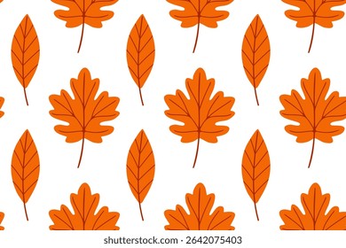 Seamless pattern with oak leaves in bright orange tones. Ideal for fall-themed wrapping, packaging, and seasonal textile design