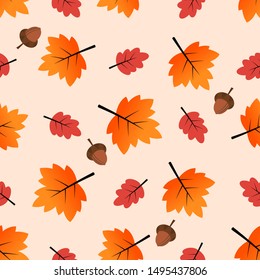 Seamless pattern with oak leaves, maple leaves and  acorns flying on background. Beautiful Autumn pattern. Vector illustration