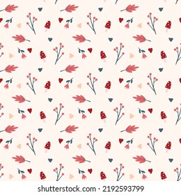 seamless pattern with oak leaves, mushrooms and berries. cute autumn design for print paper or fabric