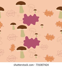 Seamless pattern  of oak leaves, mushrooms. Hand drawn.
