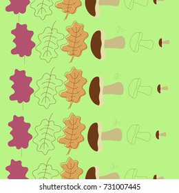Seamless pattern  of oak leaves, mushrooms. Hand drawn.