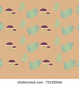 Seamless pattern  of oak leaves, mushrooms, halftone. Hand drawn.