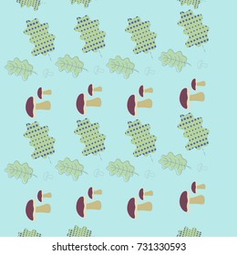 Seamless pattern  of oak leaves, mushrooms, halftone. Hand drawn.