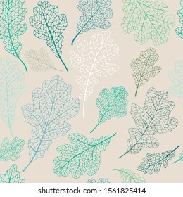 Seamless pattern with oak leaves on beige. Vector illustration of a pattern of skeletonized plant elements. Hand drawn botanical aqua menthe sketch. Sample for use in fabric, clothing, wallpaper, 