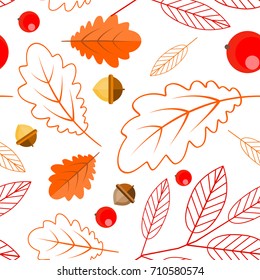 Seamless pattern of oak leaves, leaves and Rowan berries, acorns. Botanical pattern on a white background. Autumn
