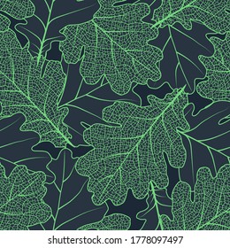 Seamless pattern with oak leaves. Textured background with autumn plants. Natural element. Textile print. Vector season  banner, template, greeting card, wallpaper. Modern texture. 