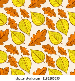 Seamless pattern with oak and linden autumn leaves. Vector illustration.