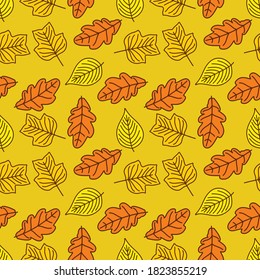 Seamless pattern with Oak, Linden and Tulip poplar autumn leaves. Vector illustration