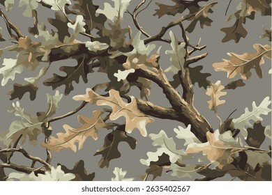 A seamless pattern of oak tree branches and leaves in a camouflage design.Hunting camouflage modern pattern, vector military print. real tree forest camouflage seamless pattern.