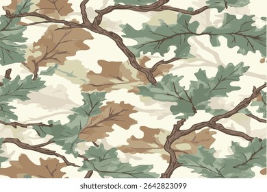 A seamless pattern of oak tree branches and leaves in a camouflage design, with a color palette that includes shades of green, brown, grey, beige, and white. Vector camouflage pattern. 