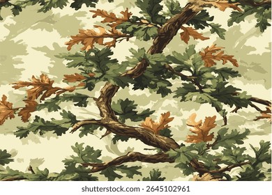 Um padrão perfeito de ramos e folhas de carvalho em um projeto de camuflagem. Caça camuflagem com carvalho para caça e militar. Caça de camuflagem sem emenda projeto padrão.

