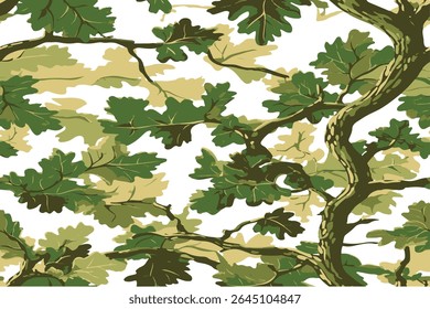 A seamless pattern of oak tree branches with leaves, a camouflage-like background. Vector illustration.