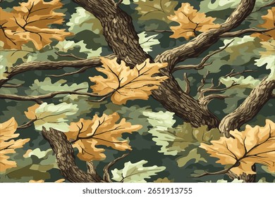 A seamless pattern of oak tree branches with leaves, a camouflage-like background. Vector illustration, vector art, clipart, flat color, flat shading, no gradients.Useable for hunting and military.