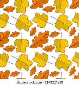 Seamless pattern with oak and tulip poplar autumn leaves. Vector illustration.