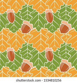 Seamless pattern with oak yellow and green leaves and acorns. Vector color background.