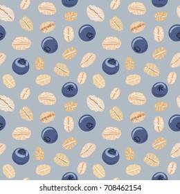 Seamless pattern with oat flakes and blueberries. Vector seamless pattern, hand drawn illustration. Healthy breakfast mix. 