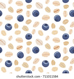 Seamless pattern with oat flakes and blueberries on white. Vector seamless pattern, hand drawn illustration. Oat flakes and blueberry background.
