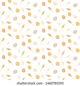 Seamless pattern with oat flakes on white background. Cereal plants, agriculture industry organic crop products for oat groats flakes, oatmeal packaging design.Oat flakes seamless background. Oat milk