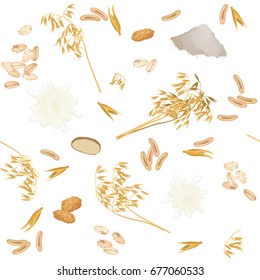 Seamless pattern with oat foodstuff / There are oat ears, milk, bread, cookies, grains, flour and flakes
