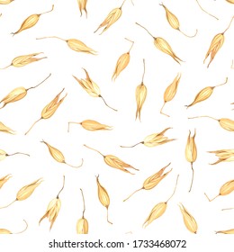 Seamless pattern with oat grains. Cereal plants, organic products for oat groats flakes, oatmeal packaging design, kitchen textile.
