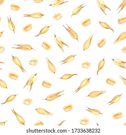 Seamless pattern with oat grains and oat flakes. Cereal plants, organic products for oat groats flakes, healthy breakfast, oatmeal packaging design, kitchen textile.