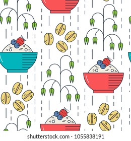 Seamless pattern with oat inflorance, breakfast porridge, berries and cereals. Vector illustration, colored background.