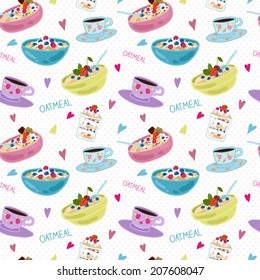 Seamless pattern with oatmeal. Best healthy breakfast.