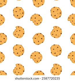 Seamless pattern with oatmeal cookies. Bakery and confectionery seamless pattern template. Hand drawn oat cookies with chocolate chip. Ideal for cover design, clothing prints, textiles, surfaces