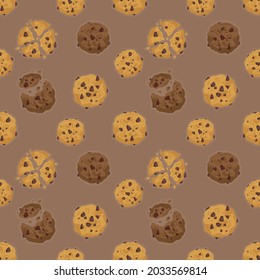 Seamless pattern with oatmeal cookies on a brown background. Chocolate baked goods. Suitable for kitchen textiles, print design, etc. Vector cute illustrations of homemade dessert in minimalist style.