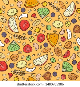 Seamless pattern oatmeal muesli. Healthy granola food for breakfast organic snack. Cartoon vector sketch of oatmeal muesli. 