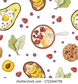 Seamless pattern with oatmeal porridge, avocado with egg, cookies, fruit sandwich. Hand drawn healthy breakfast illustration.
